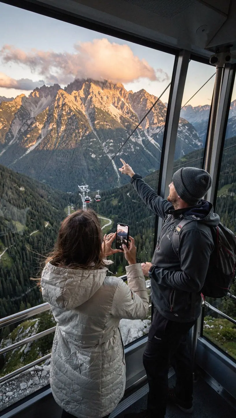 Malebné horské mestečko s tradičnými drevenými domami a turistickými chodníkmi v pozadí.
