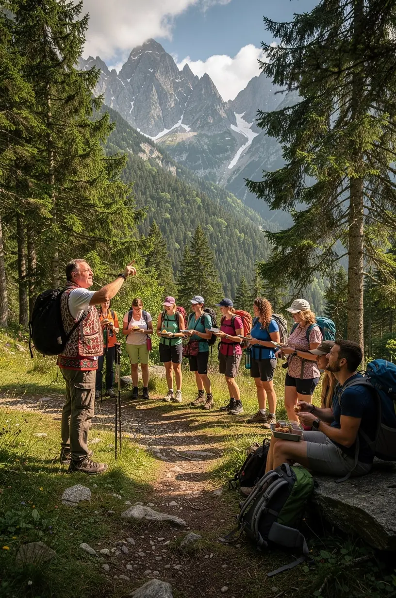 Turista so športovým vybavením sledujúci panorámu Tatier z vyhliadkovej plošiny pri horskej chate.
